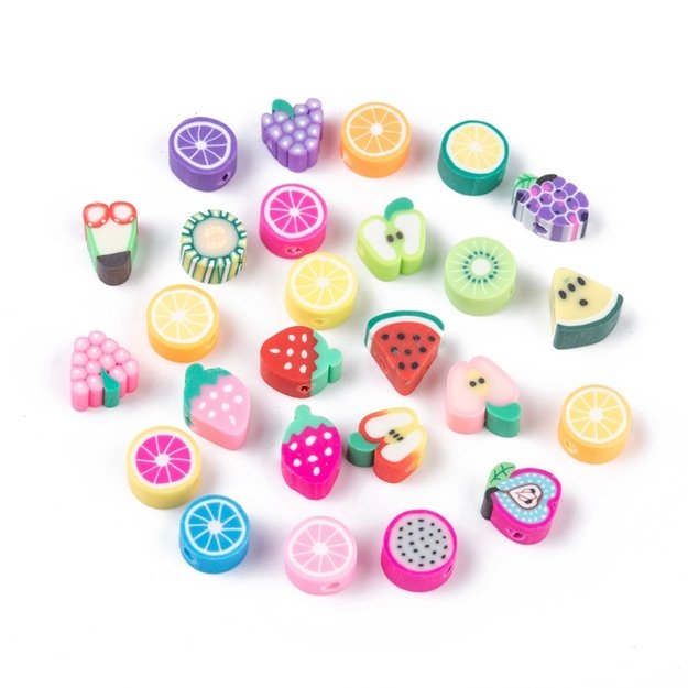 Fimo /polimerinio molio karoliukai vaisiai įvairiaspalviai ~7-12x5mm <b>20vnt</b>