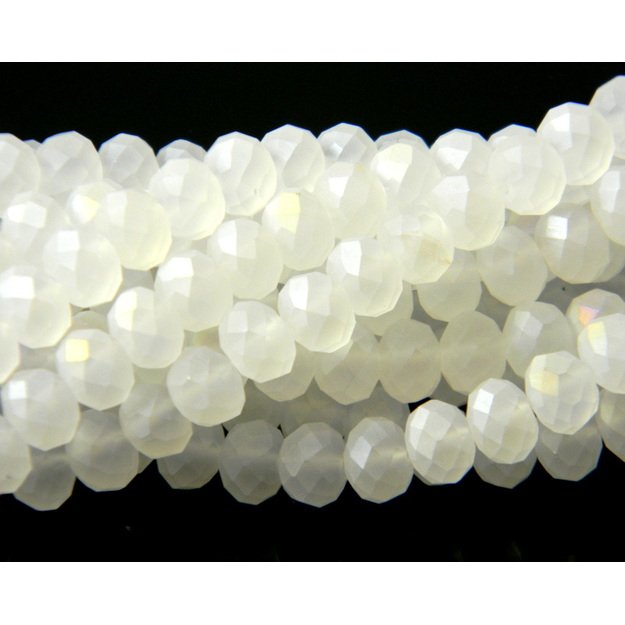 Stiklinis karoliukas rondelė facetuotas matinis baltas AB 6x8mm juosta